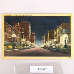 Main Street at Night Salt Lake City Utah 1930s Linen Postcard 1941 UT PC